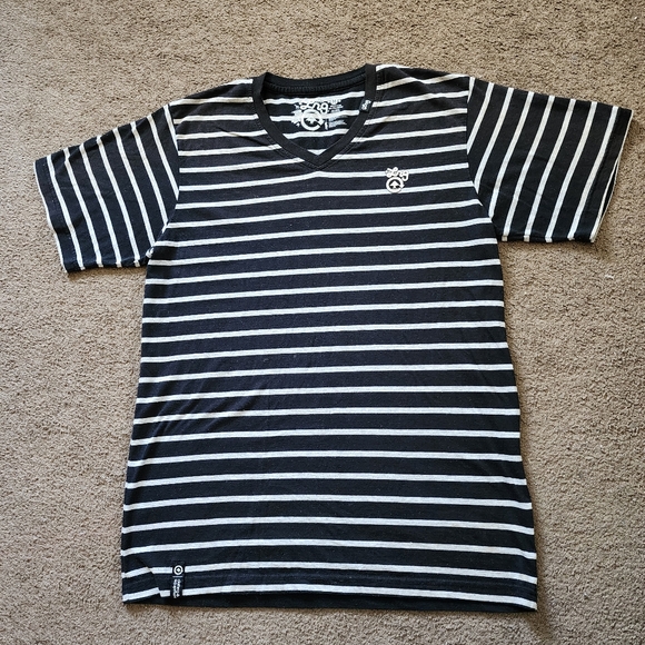 Y2K Black/Oatmeal Striped V-Neck Tee, Men's M - Picture 2 of 7